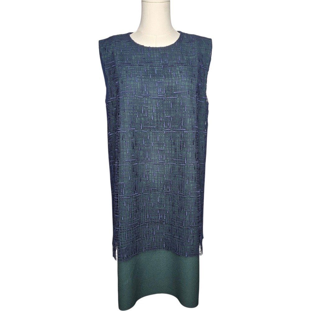 GREY JASON WU Geometric Grid Textured Sleeveless Dress Marine Deep Forest 10 NWT